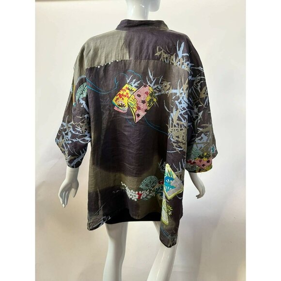 Citron Bohemian Kimono Shirt With Artistic Floral Print & Button Closure Sz 1X - Picture 2 of 12